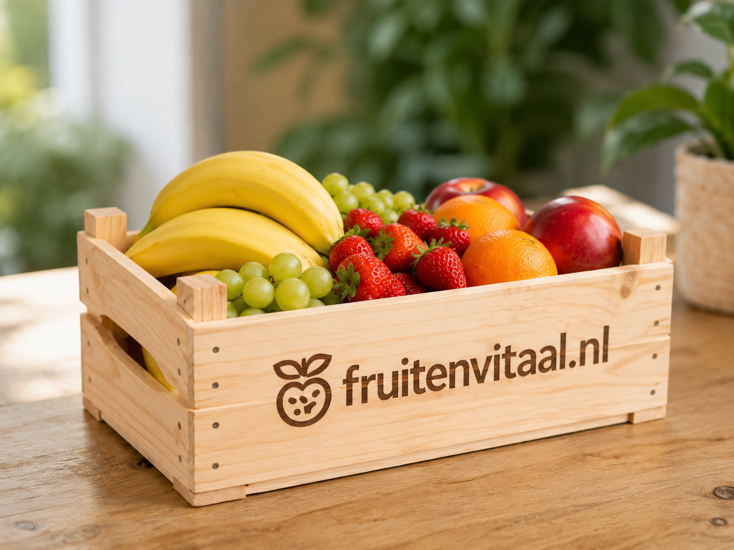 Houten fruitkist met Fruit & Vitaal branding